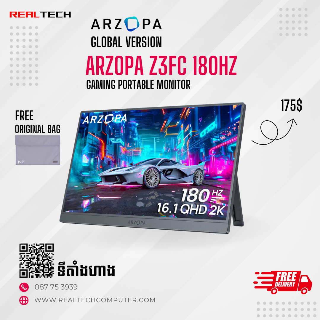 Arzopa Z3FC 2.5K 180HZ Portable Monitor | Brilliant QHD 500nits 8bit Display